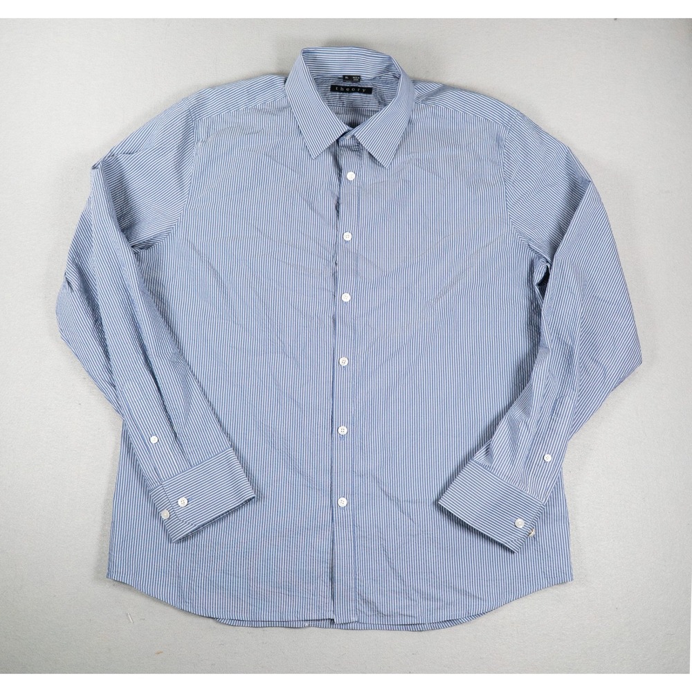 Theory Mens Button Down Shirt XL Blue White Pinstripe Long Sleeve Office Classic